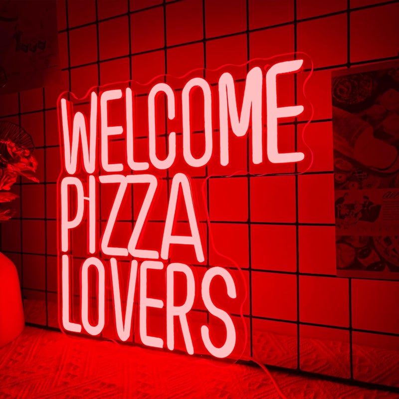 Manimo Welcome Pizza Lovers Neon Light, Red Dimmable LED Personalized Pizza Lovers Neon Sign, Family Restaurant Entertainment Room Food Theme Party Wall Neon Sign Decor Holiday Gift For Pizza Lovers, Children, Family (12.9*12.5in) - Image 2